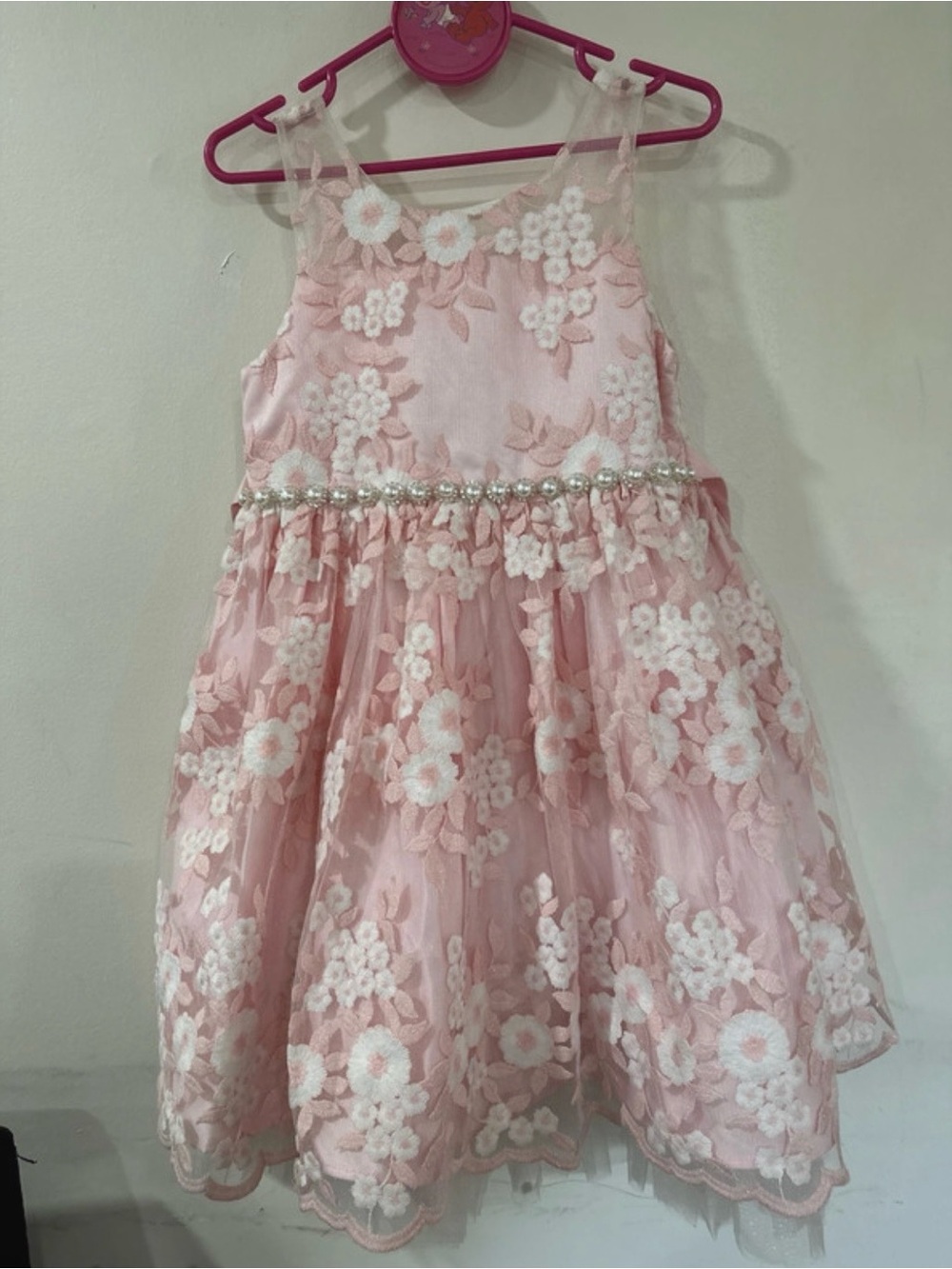 American Princess Pink Floral Lace Pearl Waist Dress